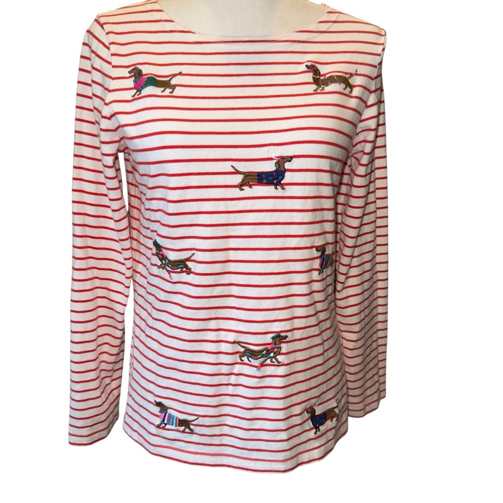 Joules Red & White Striped Dachshund Embroidered Long Sleeve Top